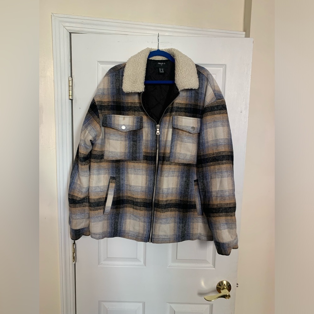 Forever 21 Mens Plaid Jacket with Shearling Collar - XL